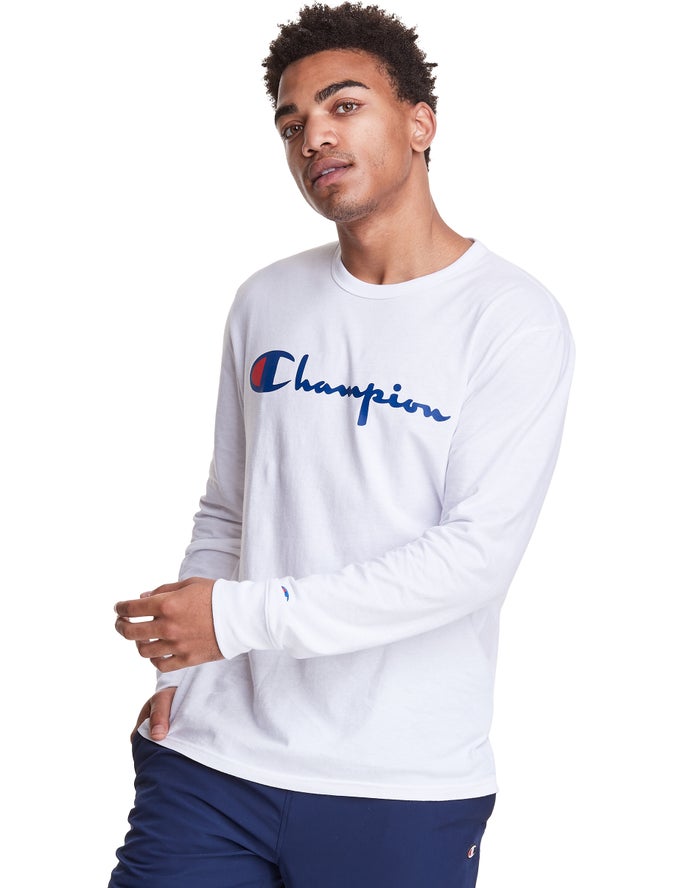 Camiseta Champion Hombre - Long-Sleeve Lightweight Script Logo ( Blancas ) 7148563-SM